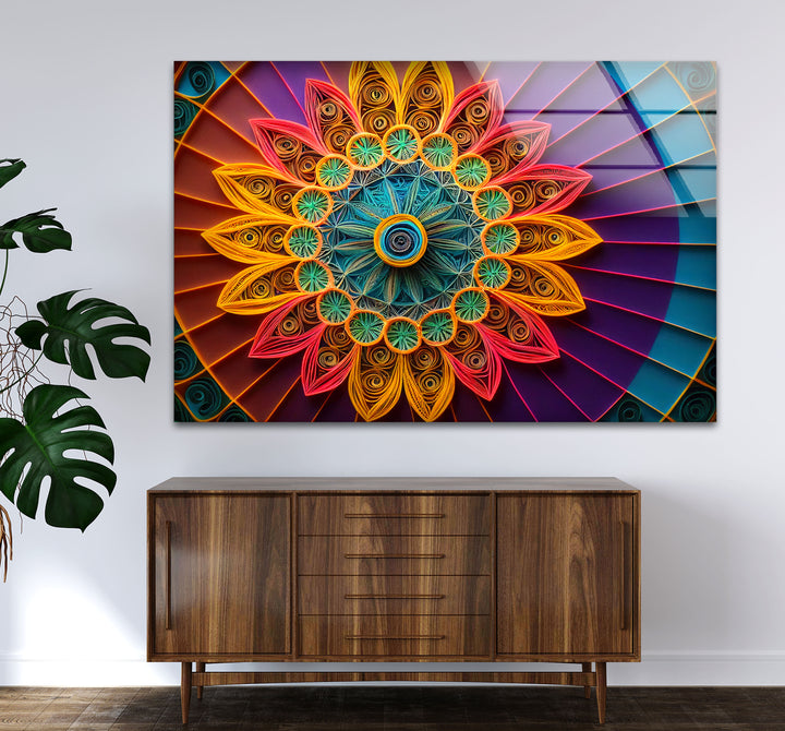 Mandala Glass Wall Art – Vibrant 3D Geometric Paper Design