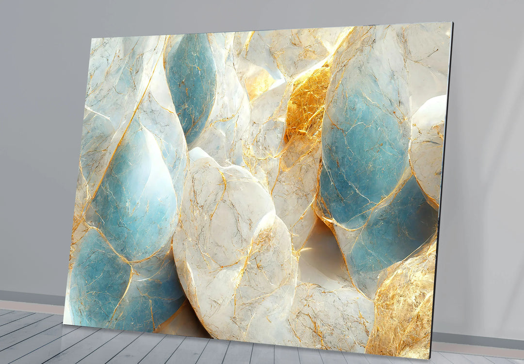 Blue White Marble Wall Art – Elegant Stone Glass Print with Gold Veining for Modern Luxury Interior Decor - MyPhotoStation