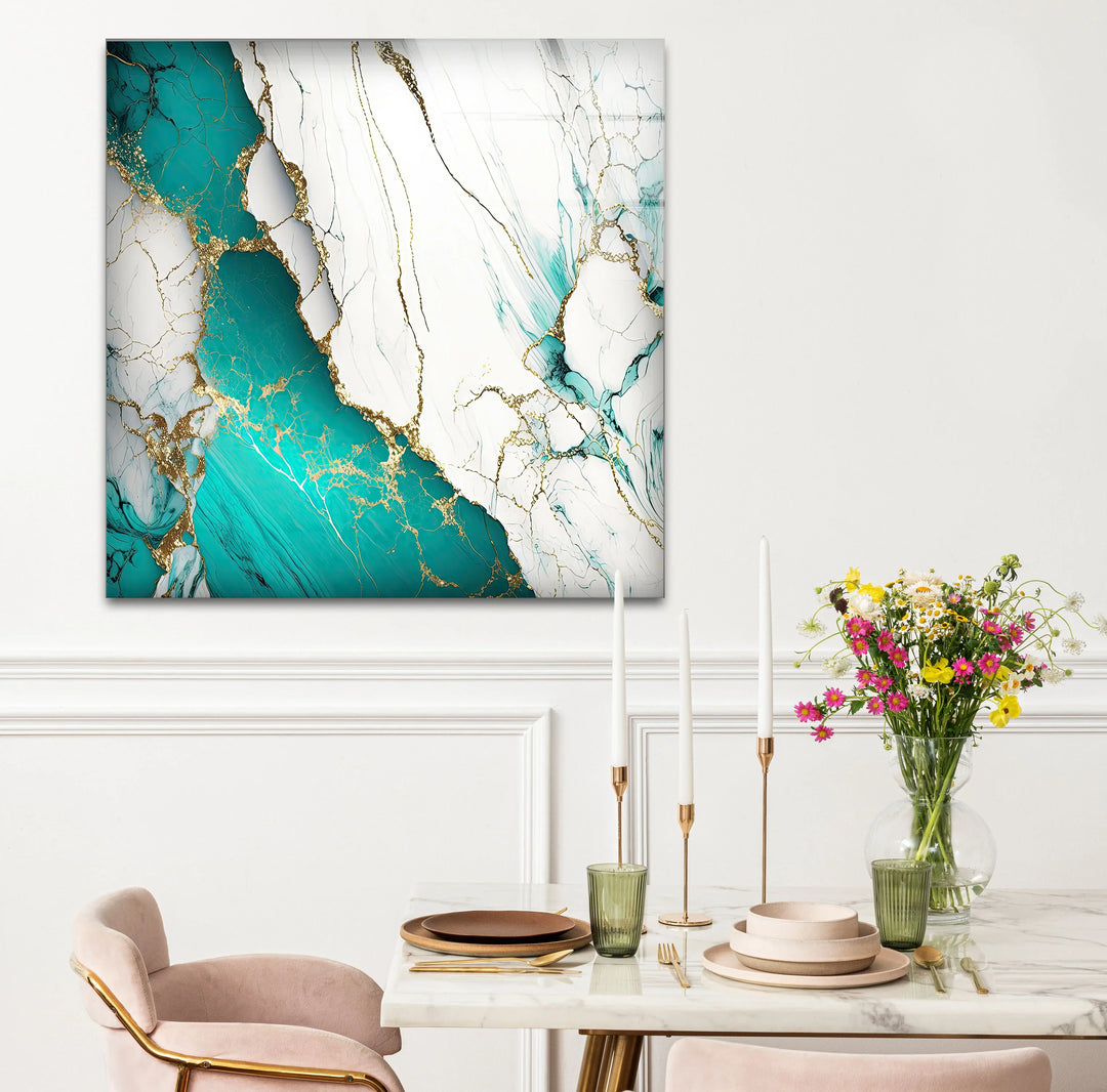 Teal and White Marble Wall Art – Luxury Abstract Glass Print with Gold Veins for Modern Interiors - MyPhotoStation
