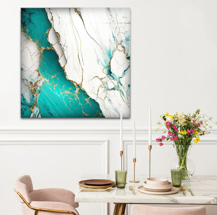Teal and White Marble Wall Art – Luxury Abstract Glass Print with Gold Veins for Modern Interiors - MyPhotoStation