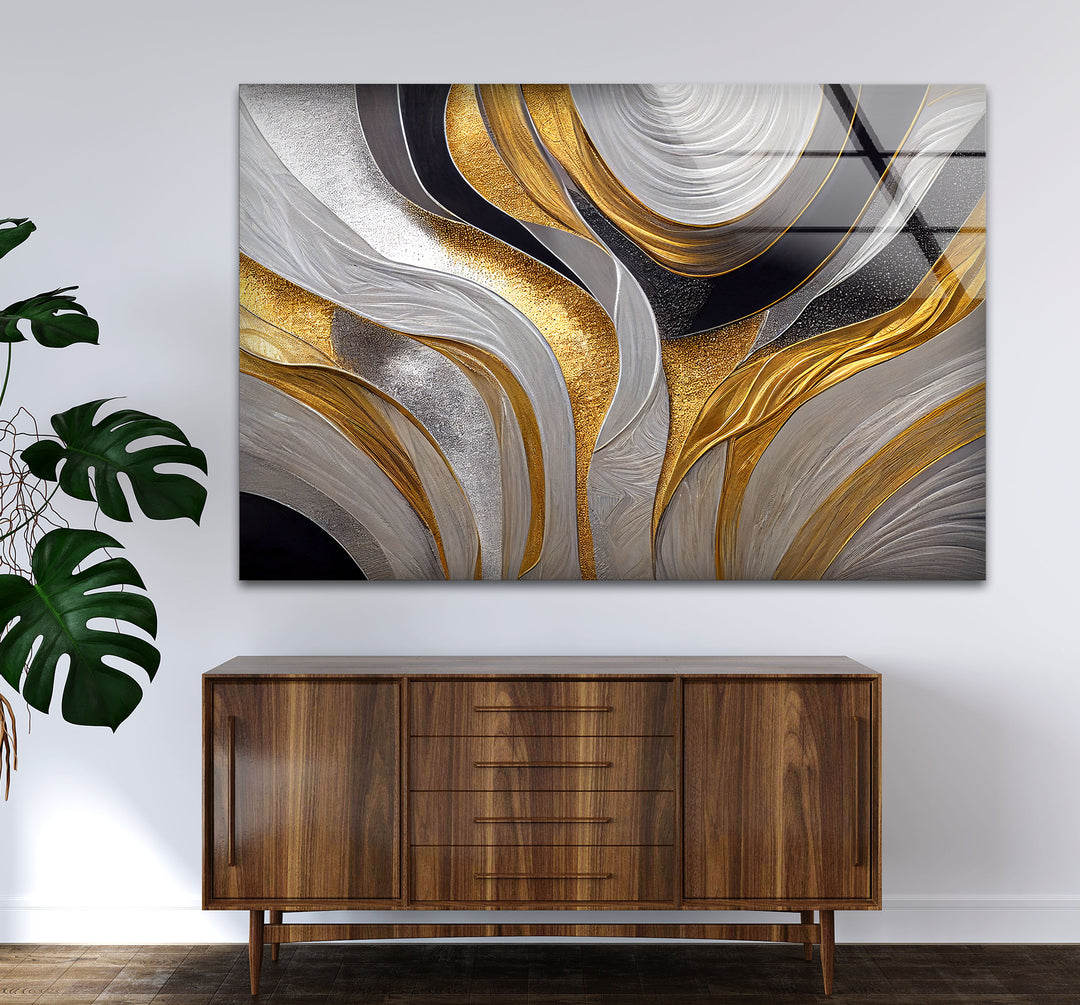 Silver Gold Wave Wall Art – Luxury Abstract Fluid Glass Print Décor