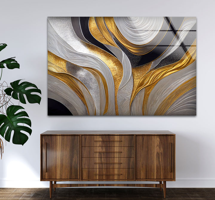 Silver Gold Wave Wall Art – Luxury Abstract Fluid Glass Print Décor