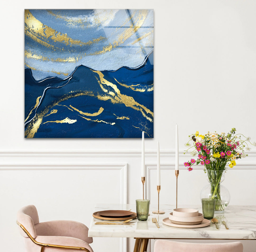Navy Blue and Gold Abstract Landscape Wall Art – Elegant Glass Print for Modern Living Spaces - MyPhotoStation