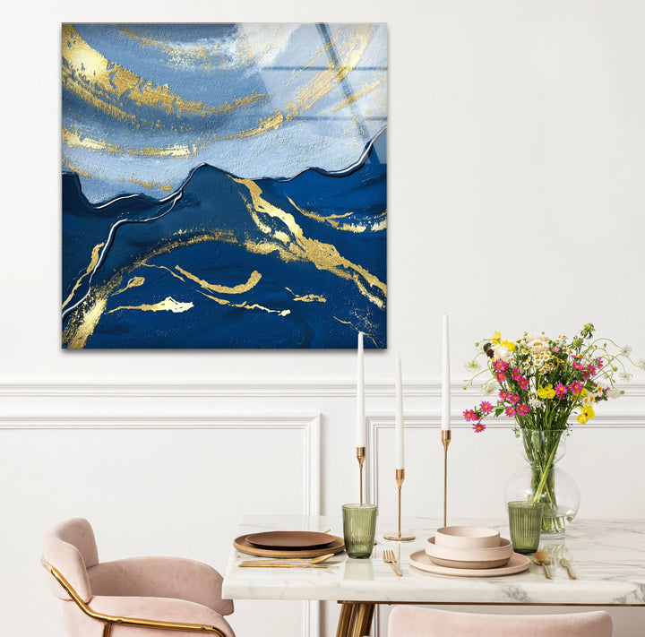 Navy Blue and Gold Abstract Landscape Wall Art – Elegant Glass Print for Modern Living Spaces - MyPhotoStation