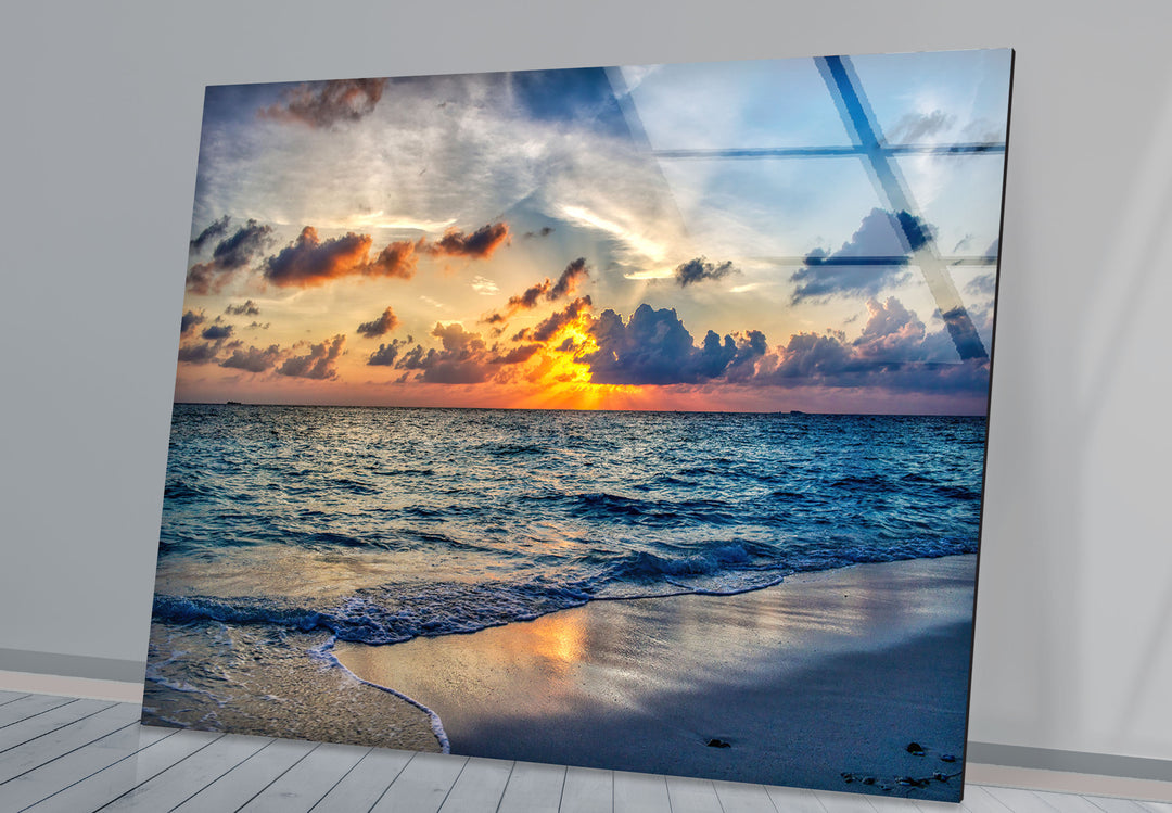 Tropical Ocean Sunset Wall Art – Serene Beach Glass Print for Tranquil and Coastal Interiors