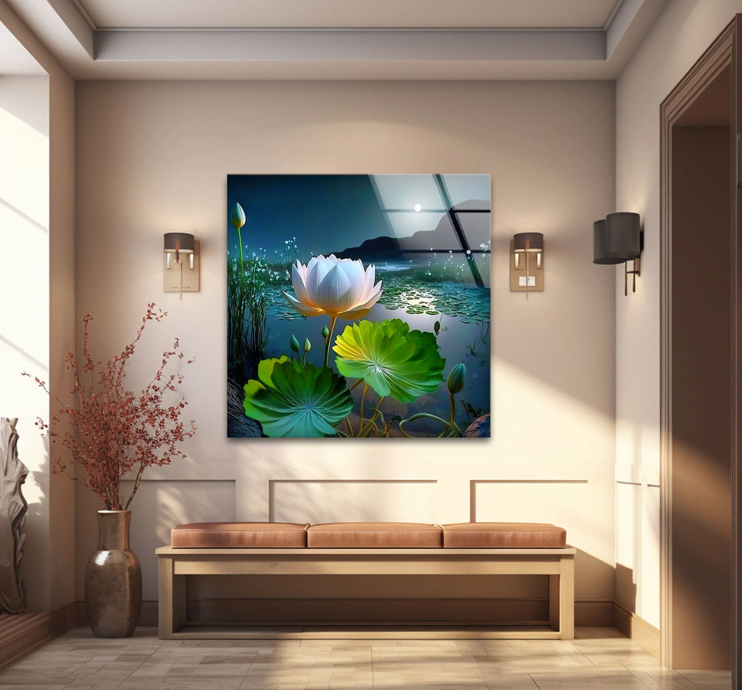 Moonlit Lotus Flower Glass Wall Art – Serene Night Lake Scene for Tranquil Home Decor - MyPhotoStation