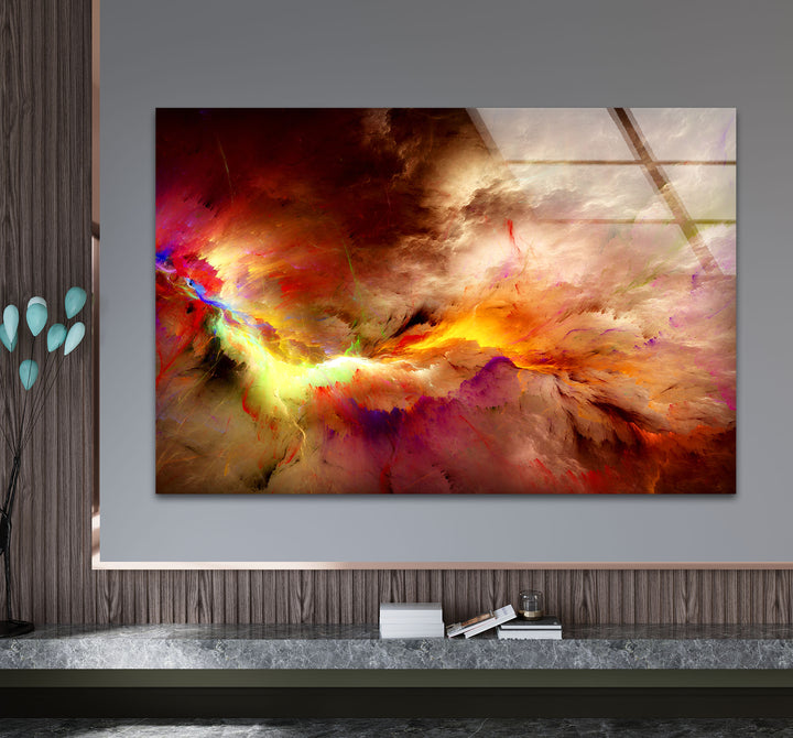 Fiery Nebula Explosion Wall Art – Abstract Cosmic Storm Glass Print Decor