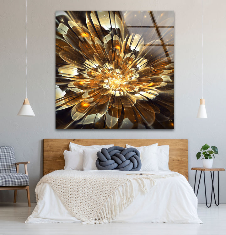 Golden Bloom Burst Wall Art – Radiant Abstract Flower Glass Print