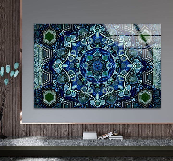 Blue Mandala Glass Wall Art – Intricate Geometric Design, Modern Home & Office Decor