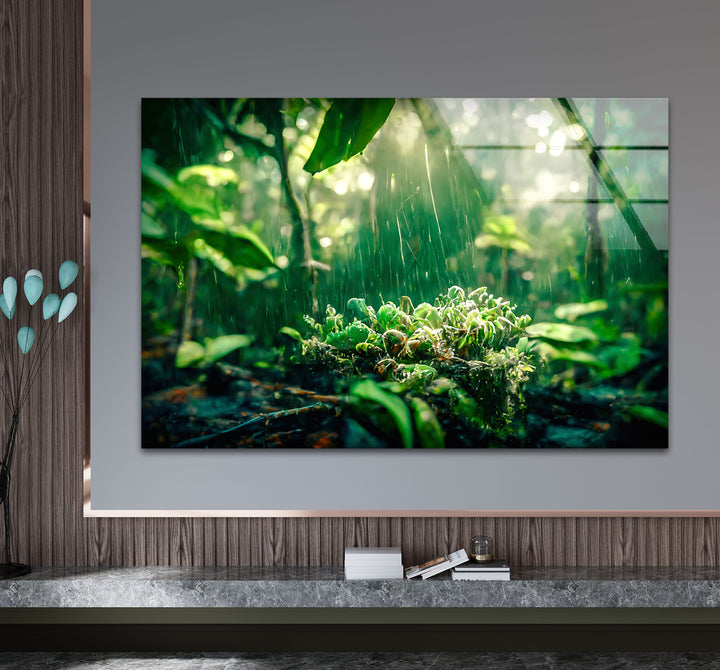 Lush Rainforest Glass Wall Art – Tranquil Greenery & Nature Serenity