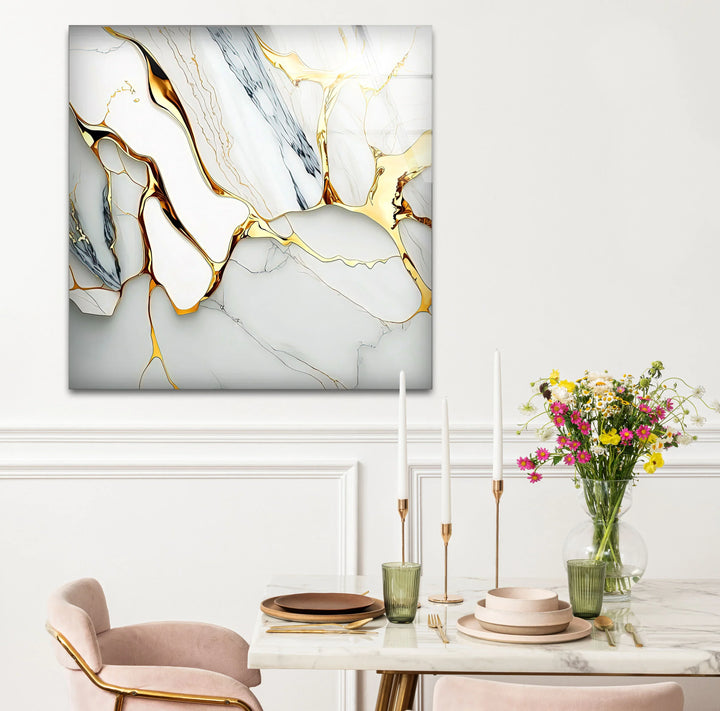 Gold Vein Marble Wall Art – Elegant White Glass Print with Metallic Cracks for Modern Luxe Interior Decor - MyPhotoStation