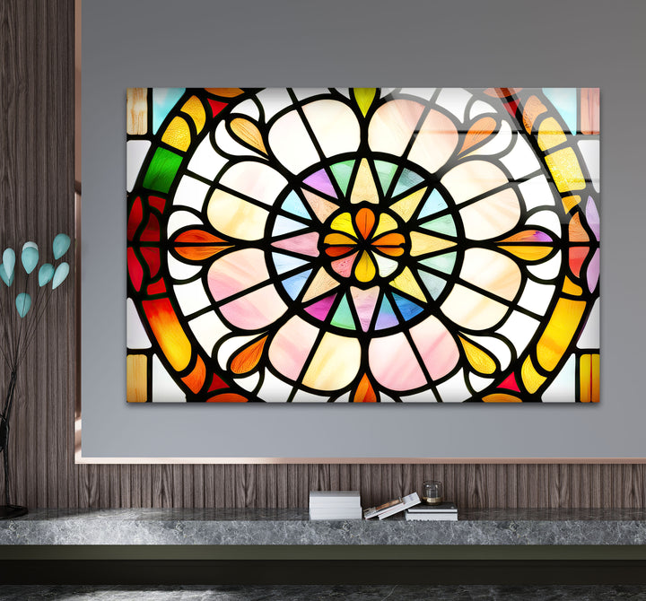 Bunte Buntglas-Wandkunst – Lebendiges Rosenfenster-Glasdesign 