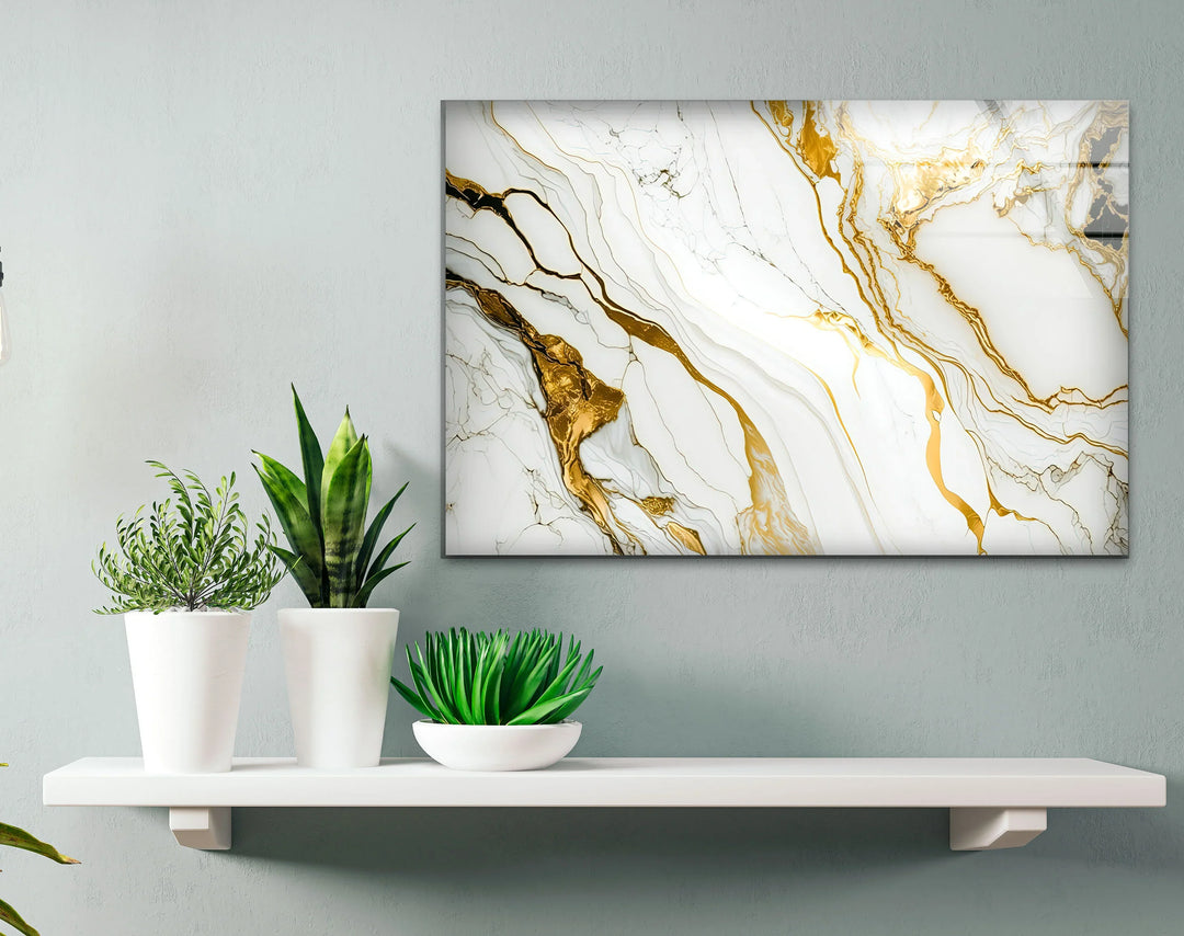 Gold Vein Marble Wall Art – Elegant White & Gold Glass Print for Modern Interiors - MyPhotoStation