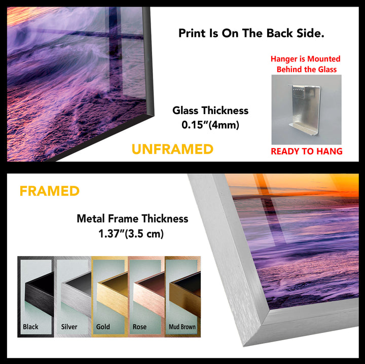 Vibrant Ocean Sunset Wall Art – Purple Sky & Waves Glass Print