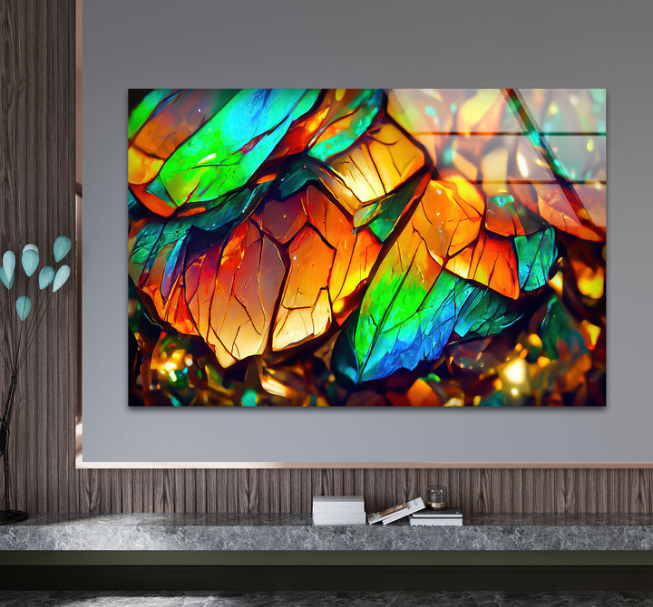 Abstrakte Glaswandkunst mit schillernden Blättern – Lebendiges botanisches Dekor 