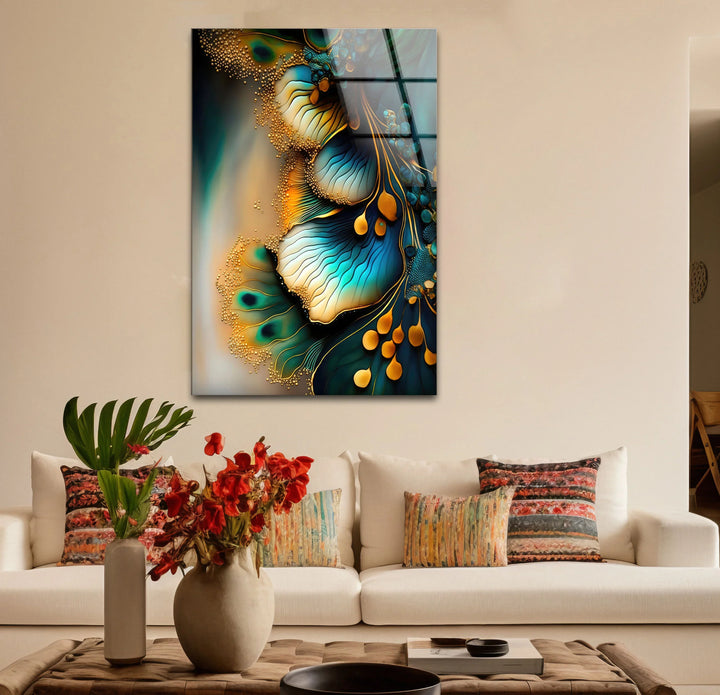 Teal Gold Abstract Floral Glass Wall Art – Elegant Botanical Flow Design - MyPhotoStation