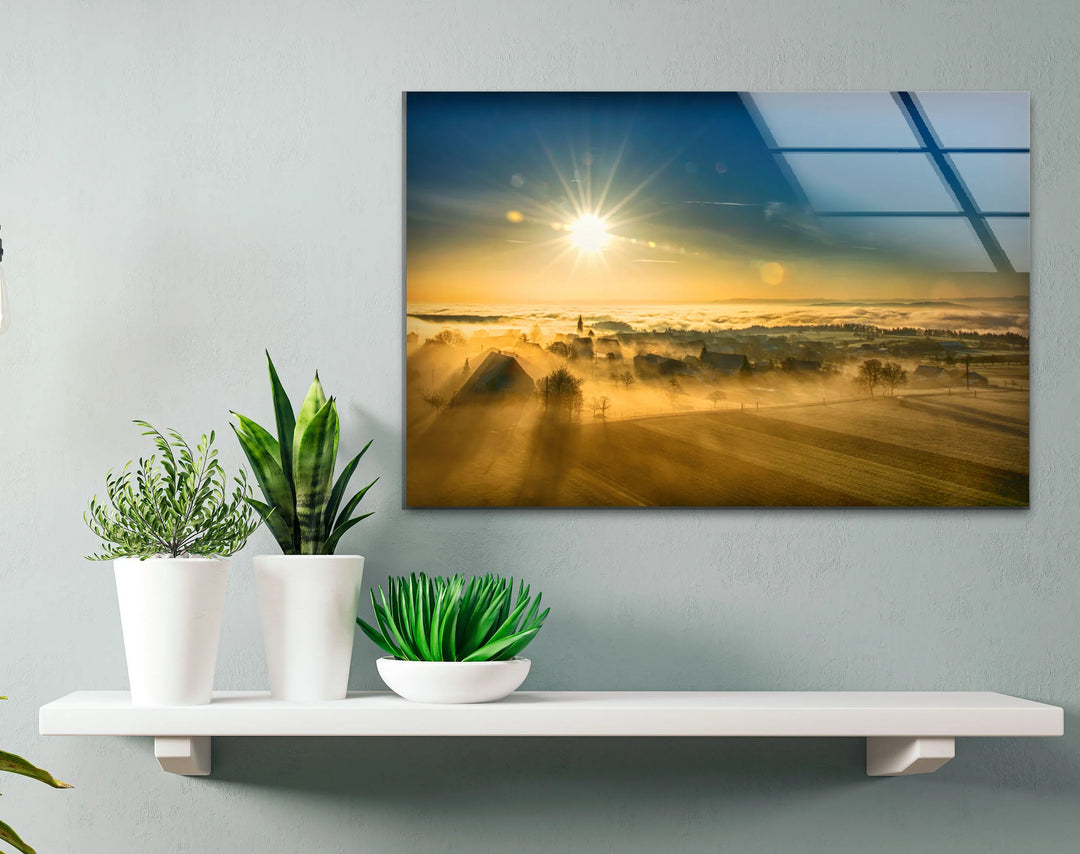 Golden Sunrise Over Foggy Countryside – Serene Morning Landscape Glass Wall Art - MyPhotoStation