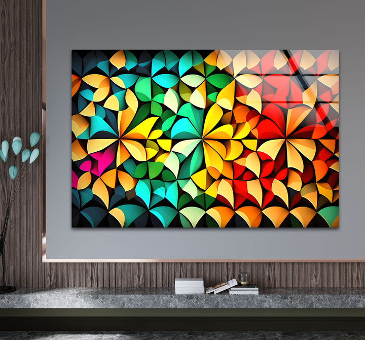 Bunte geometrische Glaswandkunst – Lebendiges abstraktes 3D-Muster