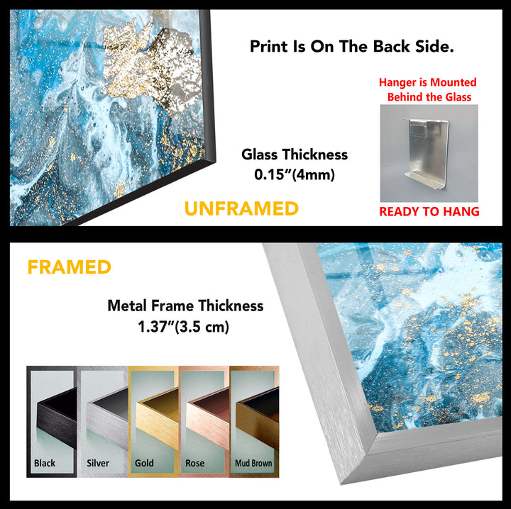 Blue Gold Ocean Marble Wall Art – Elegant Abstract Glass Print Decor