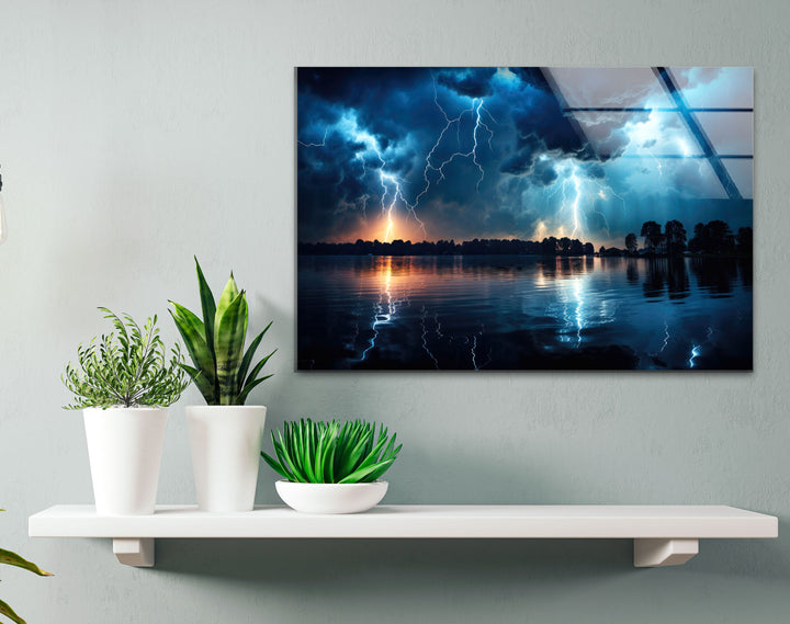 Lightning Storm Over Lake Wall Art – Dramatic Thunderstorm Glass Print
