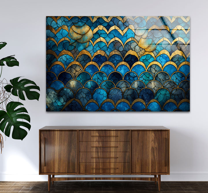 Blau-goldene Wellenmosaik-Glaskunst – Vom Meer inspirierte, rissige Textur 