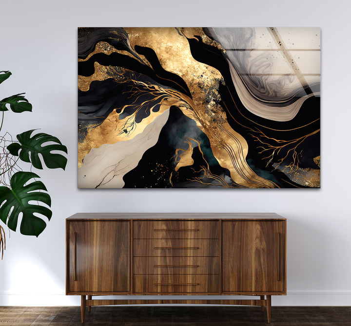 Black & Gold Abstract Glass Wall Art – Luxury Modern Fluid Design