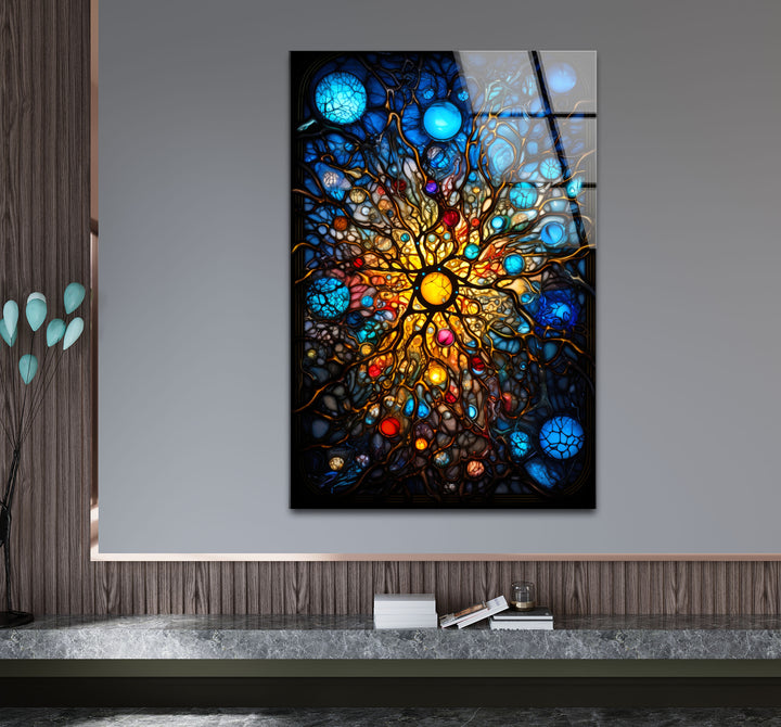 Celestial Stained Glass Wall Art – Cosmic Sunburst Galaxy Design
