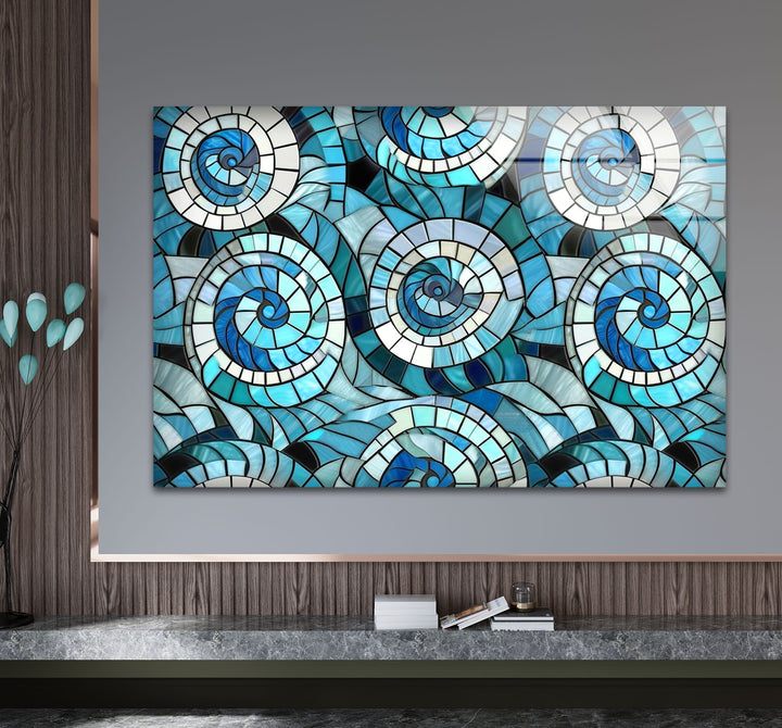Nautical Spiral Stained Glass Wall Art – Blue Ocean Wave Design