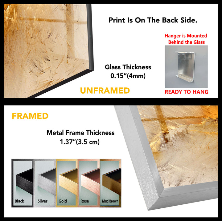 Golden Feather Storm Wall Art – Abstract Light Burst Glass Print