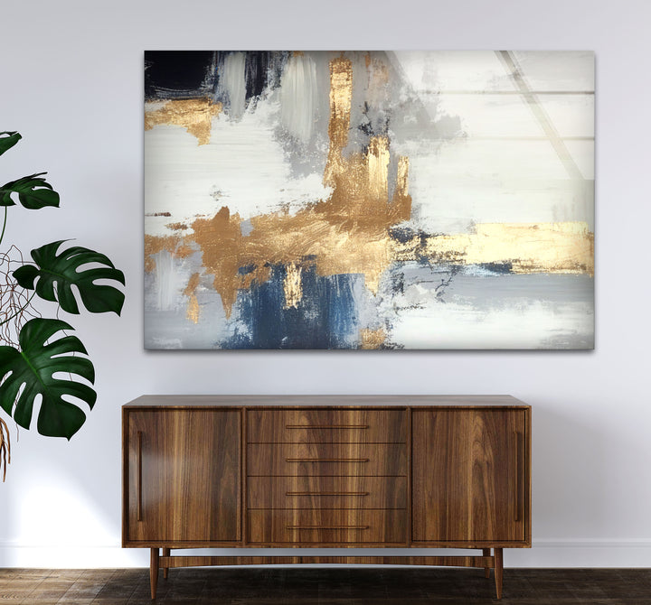 Navy Gold Brushstroke Wall Art – Modern Abstract Glass Print Décor