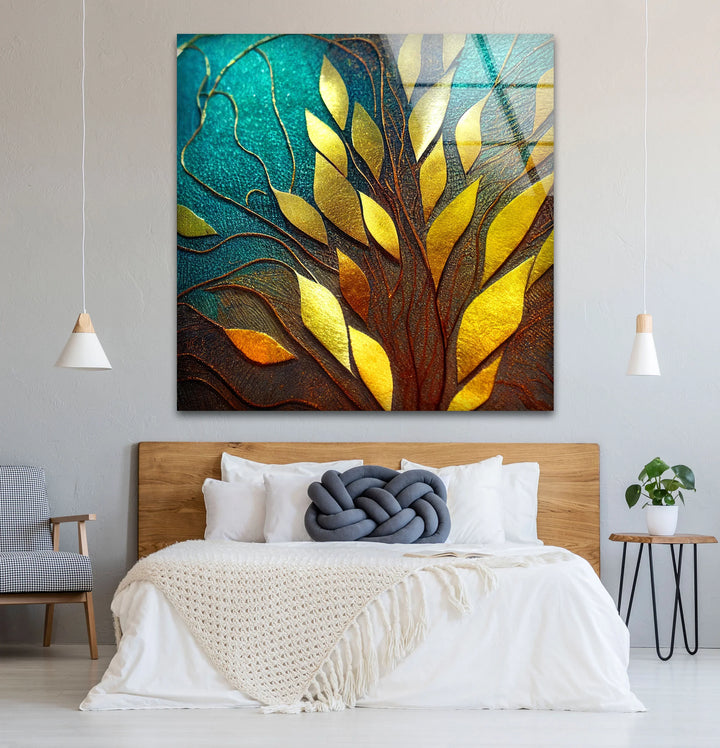 Golden Leaf Tree Glass Wall Art – Elegant Botanical Design with Teal & Amber Accents - MyPhotoStation