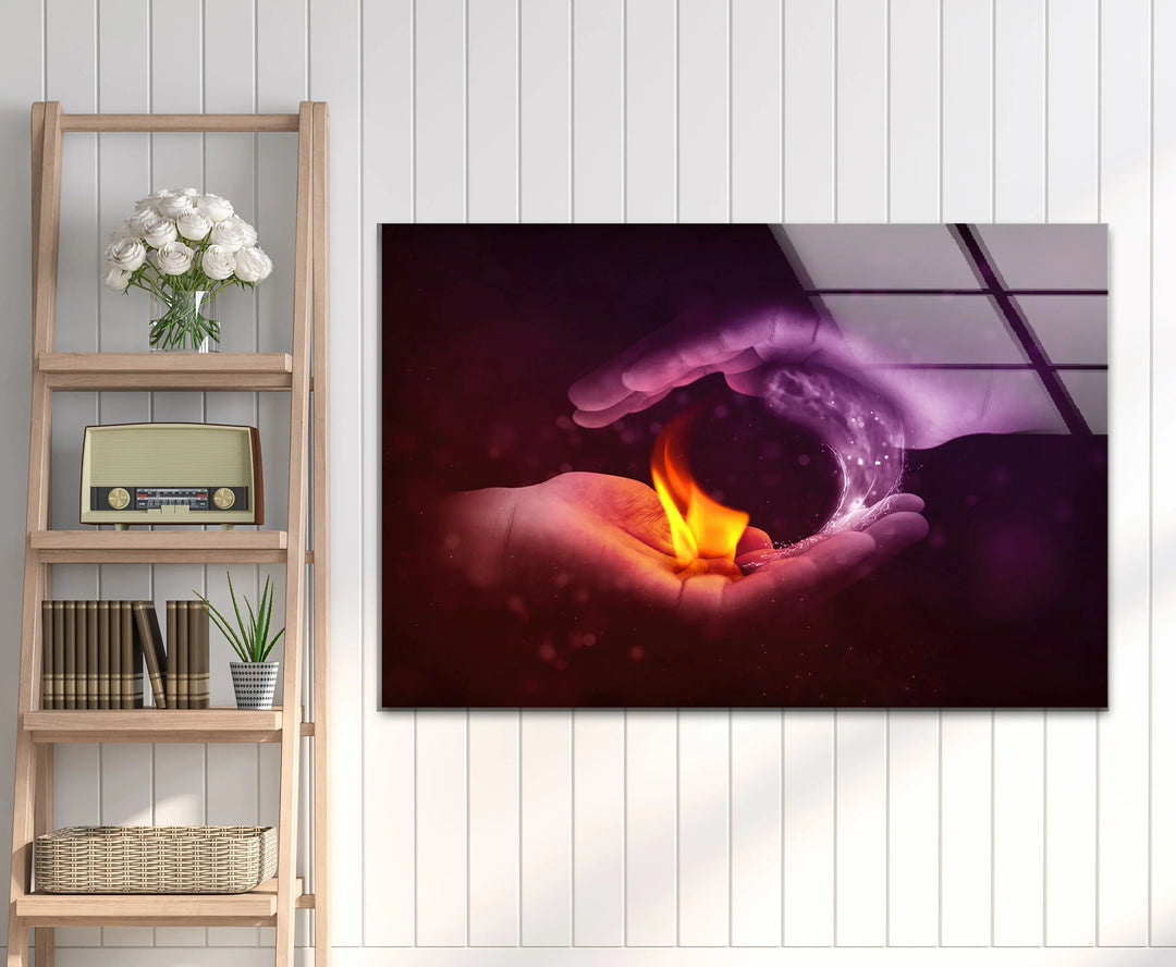 Fire and Water Yin Yang Wall Art – Duality Hands Glass Print for Modern Decor - MyPhotoStation