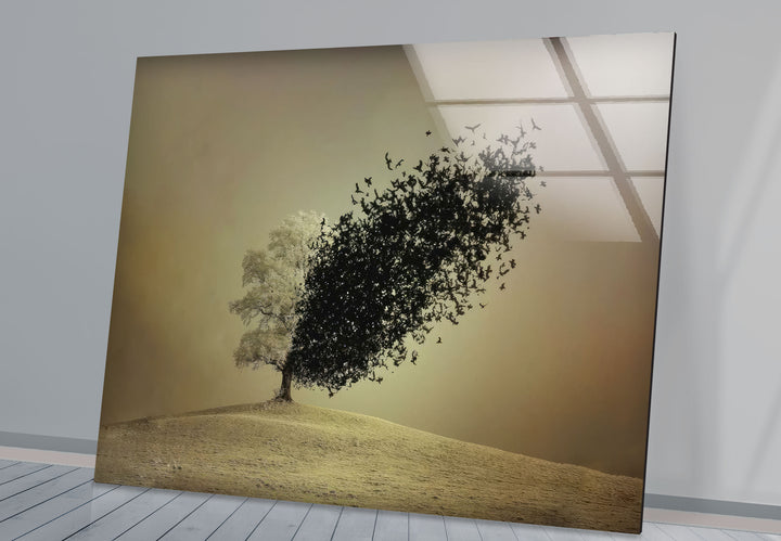 Surreal Tree Turning into Birds Wall Art – Minimalist Nature Glass Print