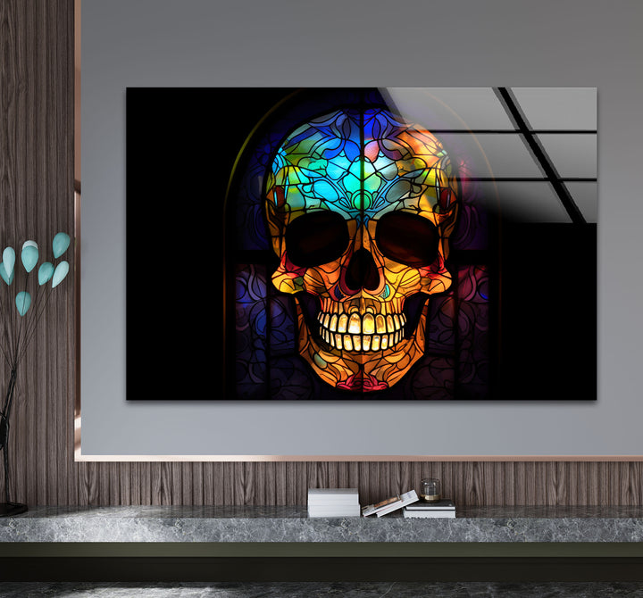Gotischer Totenkopf Buntglas Wandkunst – Dunkles ästhetisches Fensterdesign, ausgefallene Wohndekoration 