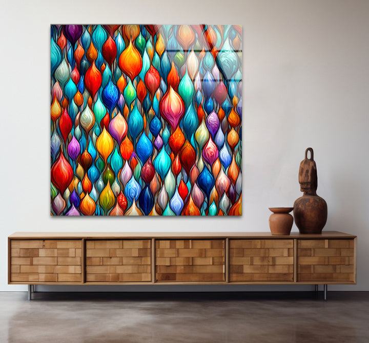 Lebendige abstrakte Glaswandkunst – Buntes Tropfendesign 