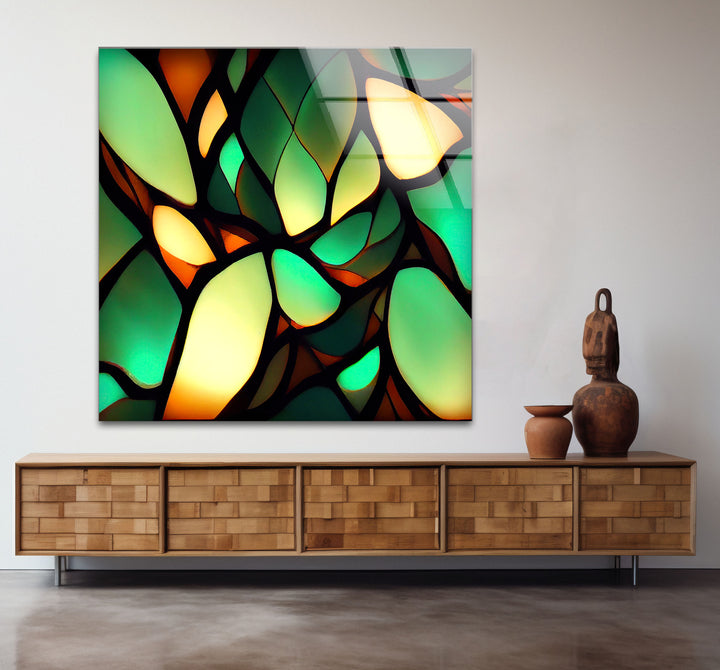 Green Leaf Glass Wall Art – Organic Abstract Nature-Inspired Panel