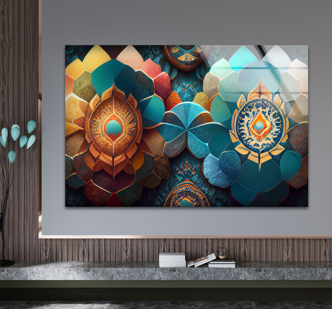 Luxuriöse Mandala-Wandkunst aus Glas – Abstraktes geometrisches Blumendesign