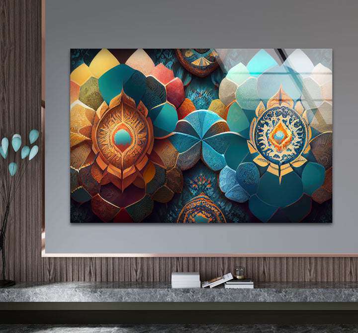 Luxuriöse Mandala-Wandkunst aus Glas – Abstraktes geometrisches Blumendesign