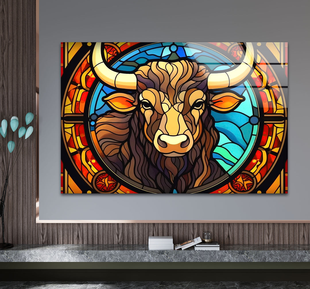 Wanddekoration mit Stier aus Buntglas – Rustikales Dekor, modernes Tierdesign 