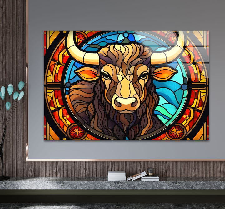 Wanddekoration mit Stier aus Buntglas – Rustikales Dekor, modernes Tierdesign 