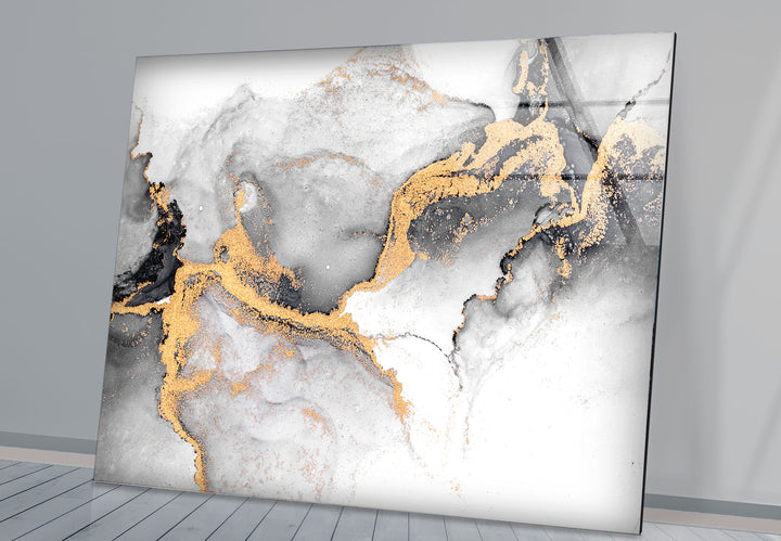 Black White and Gold Abstract Wall Art – Minimalist Glass Print for Modern Decor