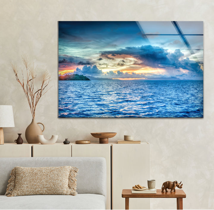 Tropical Sea Horizon Wall Art – Vibrant Ocean Sunset Glass Print for Modern Interiors