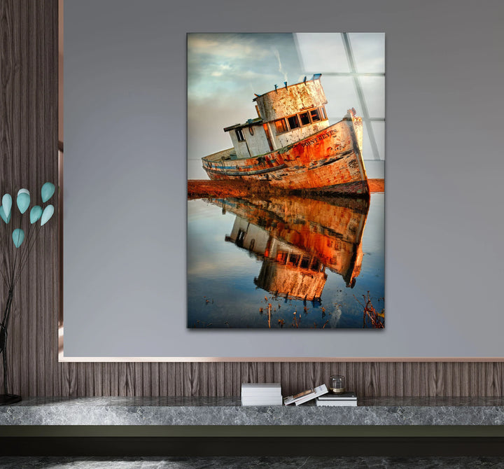 Rustic Abandoned Boat Glass Wall Art – Reflections of Time Nautical Print - MyPhotoStation