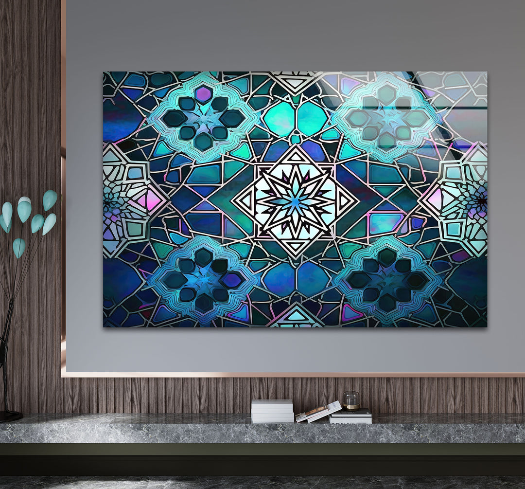 Blue Mosaic Star Glass Wall Art – Islamic Geometric Window Panel, Sacred Pattern Decor