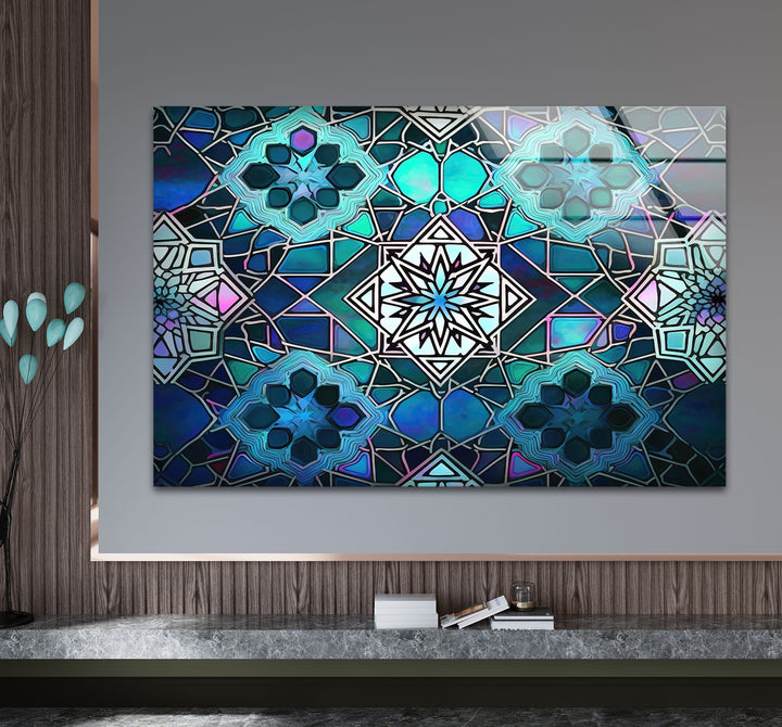 Blue Mosaic Star Glass Wall Art – Islamic Geometric Window Panel, Sacred Pattern Decor