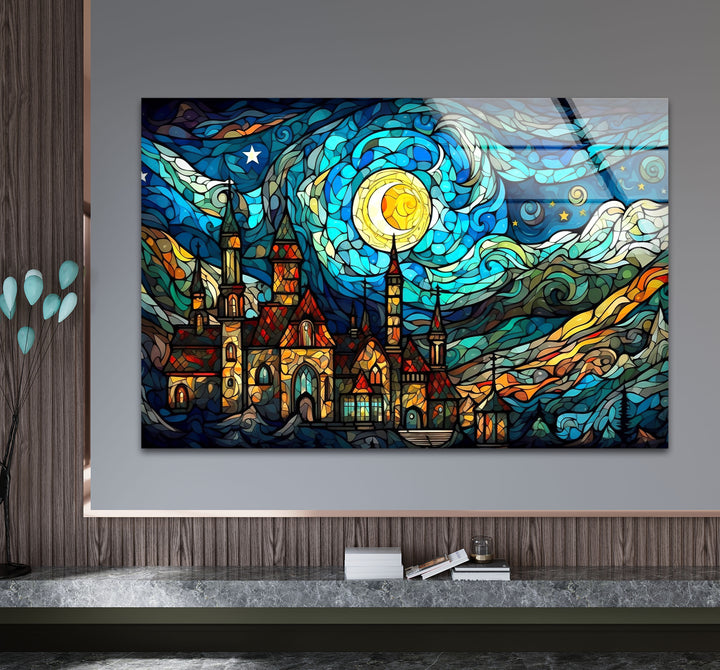 Van Gogh Sternennacht Schloss Glaswandkunst – Buntglas-inspiriert 