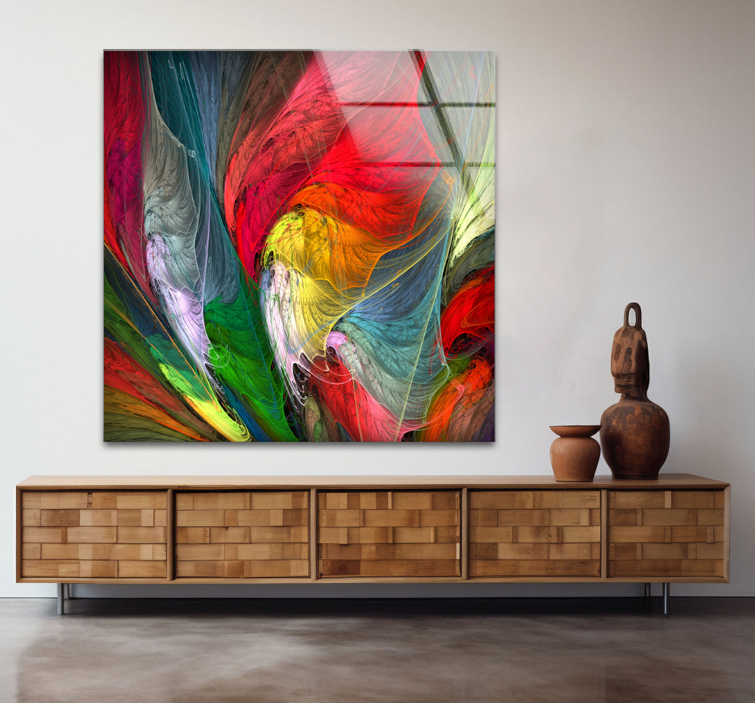 Colorful Feather Burst Wall Art – Abstract Rainbow Glass Print Decor