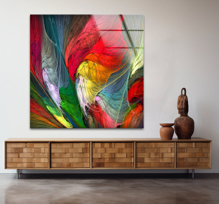 Colorful Feather Burst Wall Art – Abstract Rainbow Glass Print Decor