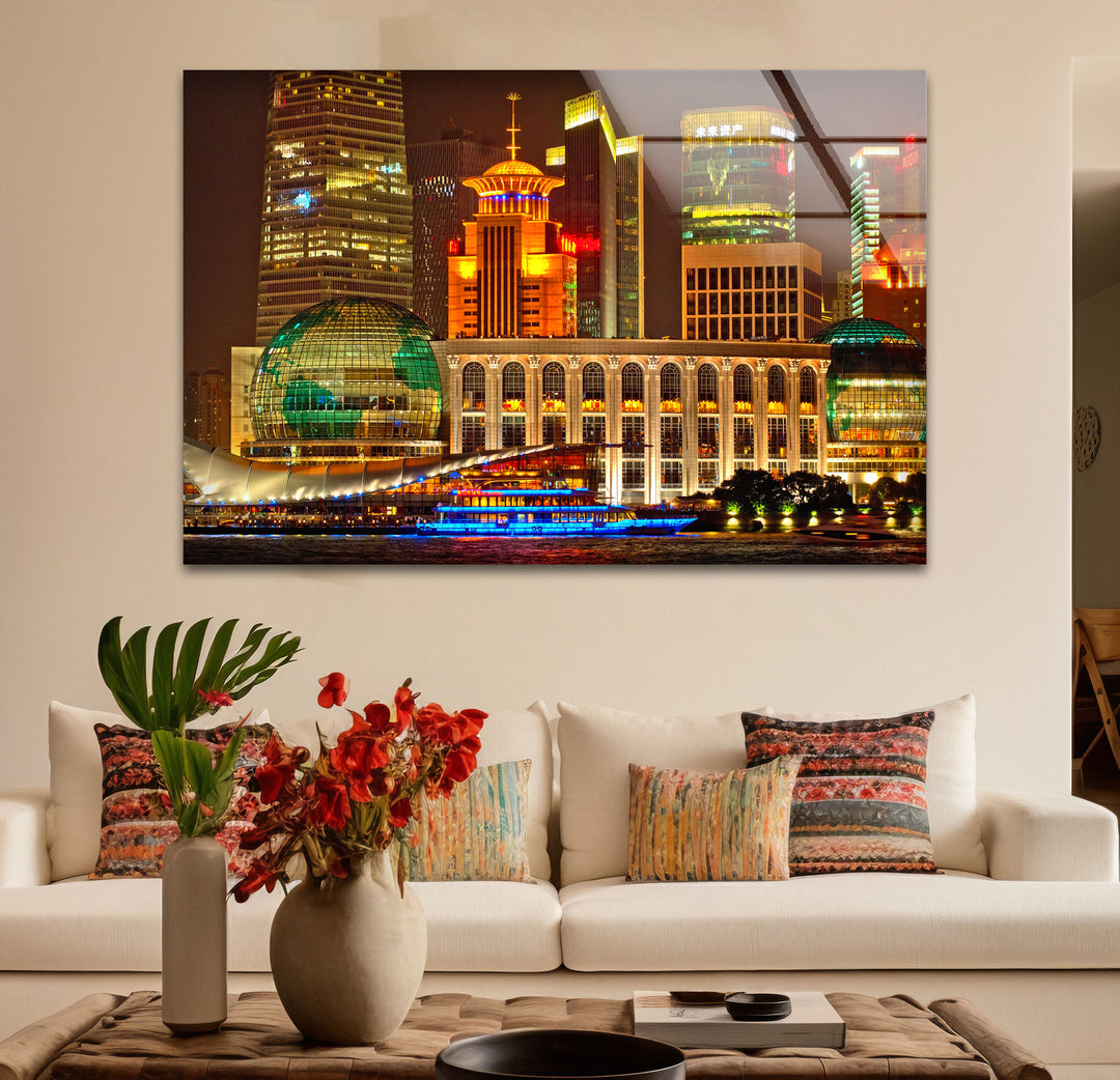 Shanghai Skyline Wall Art – Vibrant City Lights Glass Print for Modern Decor