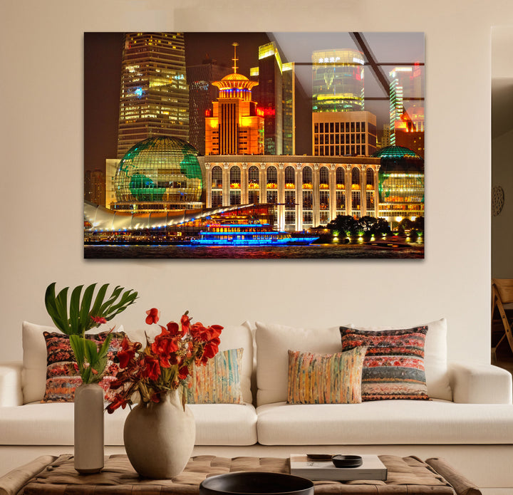 Shanghai Skyline Wall Art – Vibrant City Lights Glass Print for Modern Decor